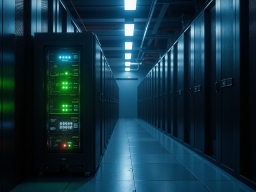 AI创新项目，数据中心机房内部，服务器机柜整齐排列，LED指示灯闪烁，现代化IT基础设施环境